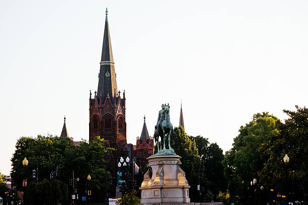 Major General George Henry Thomas equestrian statue at Thomas Circle in Washington DC with historic church. g.