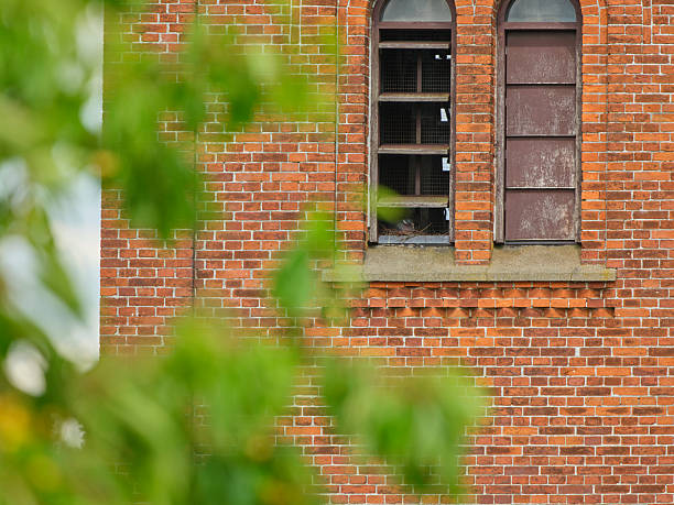 A close-up view of a red brick wall featuring two arched windows with aging wooden shutters. The foreground greens are softly blurred, creating a natural frame that draws attention to the architectural details and the sense of quiet, old-town charm. This image blends urban history with a touch of nature for evocative stock use in Denmark.