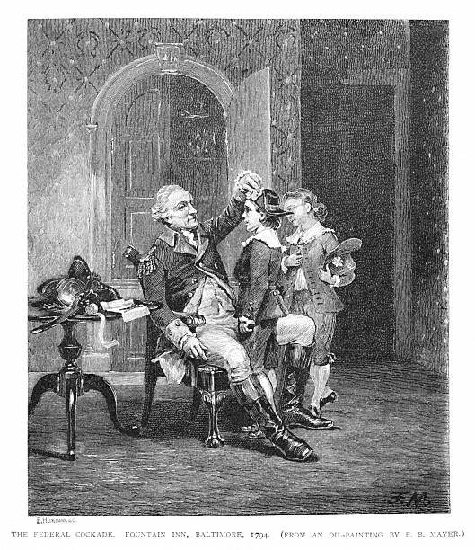 George Washington Parke Custis, step-grandson of George Washington, and a friend spend time with the first president of the United States, dressed in his general's uniform. George and Martha reared four of her grandchildren. Engraving published 1897. Original edition is from my own archives.  Copyright has expired and is in Public Domain.