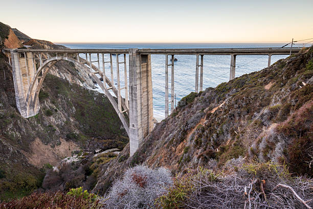 Coastal Arch Bridge Over Ocean Cliffs at Sunset, Scenic Californ in Big Sur, California, United States