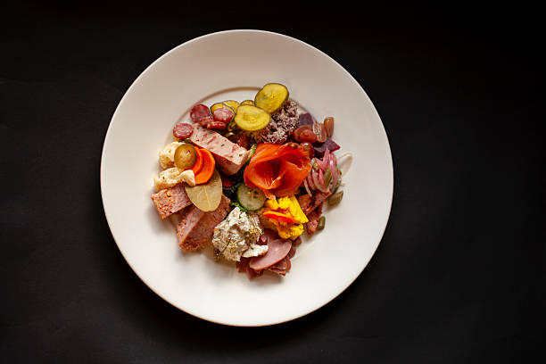 Overhead view of antipasto dish on black background in Phoenix, Arizona, United States