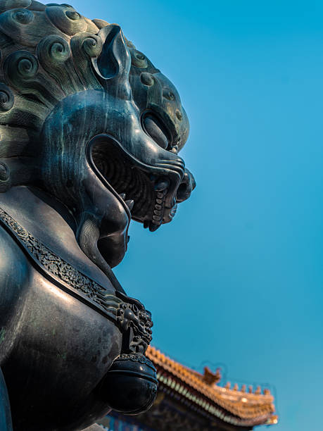 The bronze lion and the blue sky, symbols of Chinese traditional culture.