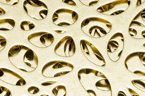 3D rendering of an abstract golden structure. The visual features a complex Voronoi-style mesh with organic, flowing perforations that reveal deep layers of warm gold and soft shadows. This biomorphic pattern represents premium materials, generative jewelry design, and high-end architectural concepts. With its elegant aesthetic and soft metallic lighting, it is ideal for luxury branding, upscale product packaging, fashion backgrounds, and contemporary digital art projects focusing on structural elegance and wealth.