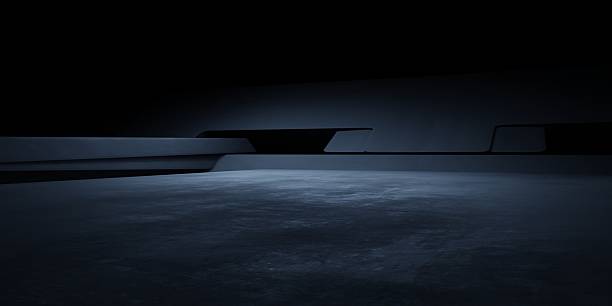 Black abstract futuristic architectural structure illuminated. advertising, showroom, technology, innovation, modern, minimalist, game, alien, spaceship, mystery. Sci Fi Illustration. Dystopian dark