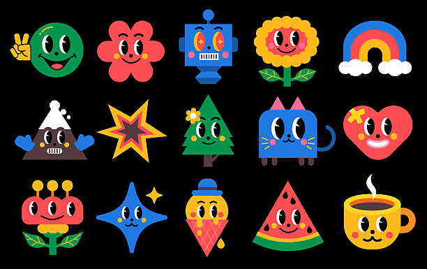 Vector, retro and brutalist style colorful naive, playful, funky characters with label shapes.