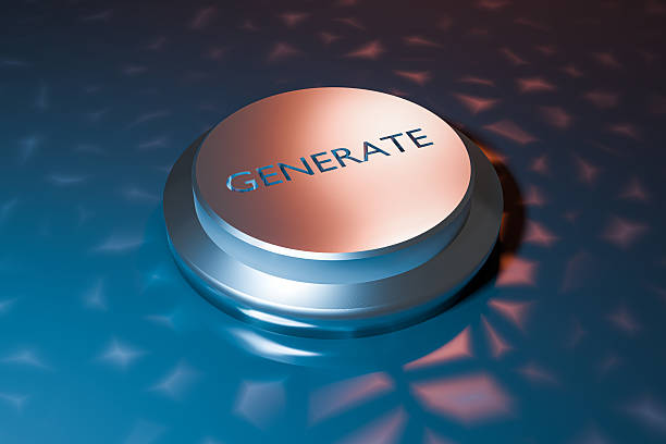 Modern generate button illuminated with blue and red lighting, representing artificial intelligence content creation, automated production, data processing and digital innovation. Ideal for generative AI platforms, software development, creative automation and future technology concepts.