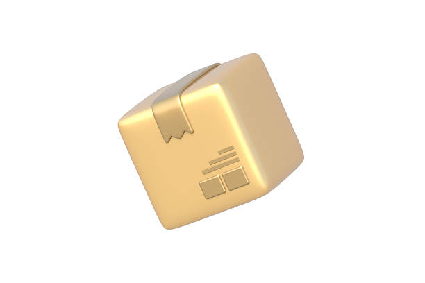 Golden cardboard box isolated on white background. Carton package for delivery parcel. 3d render