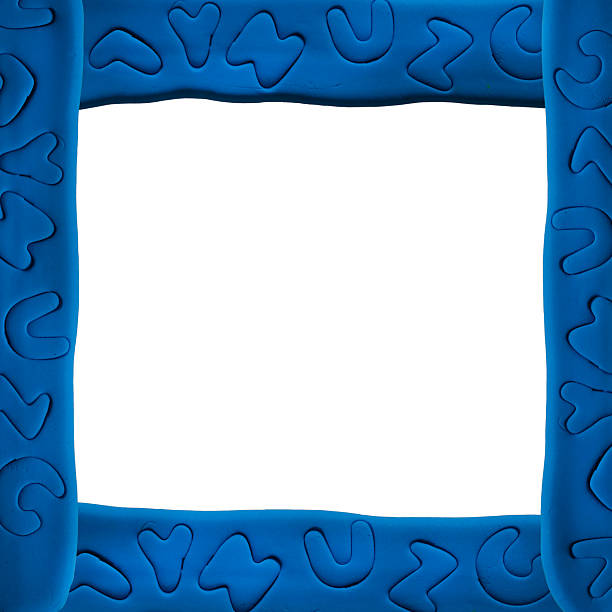 Blue clay frame with symbols isolated on white background. Creative decorative border for children design, posters, cards, education materials, and playful visual layouts.