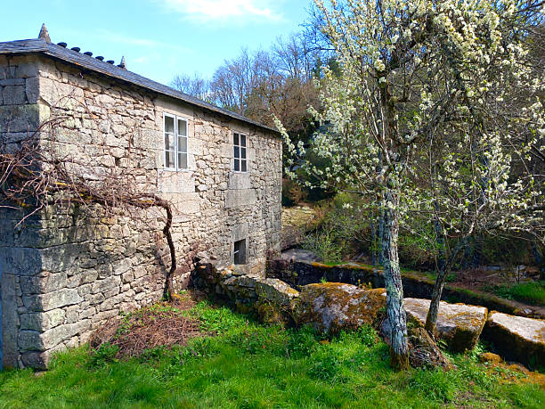 Ancient rural stone mill detail, slate rooftop. Lugo province, Galicia, Spain.