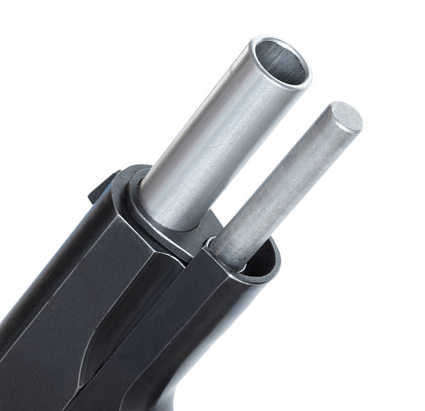 Full length guide rod and barrel exposed while the 1911-style semi-auto pistol has its slide locked back isolated on a white background.