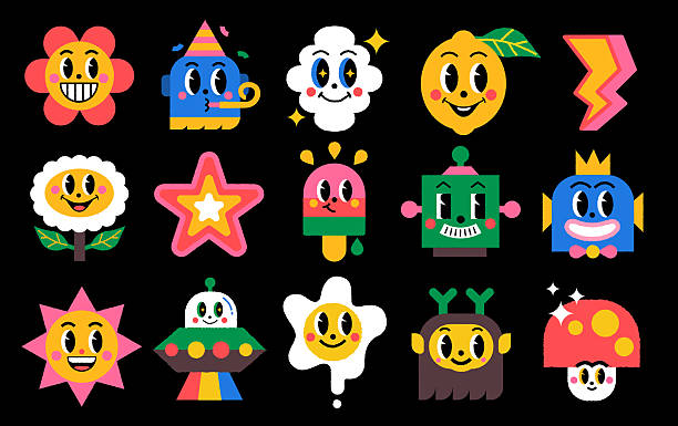 Vector, retro and brutalist style colorful naive, playful, funky characters with label shapes.