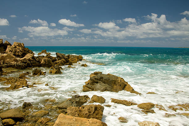 Breathtaking Mediterranean seascape of Cyprus featuring turquoise waters, a sandy beach, rocky coastline, and a clear blue sky. Perfect travel destination for summer holidays, tourism, and nature lovers.