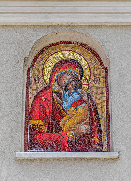 Belgrade, Serbia - May 4, 2019: Virgin Mary and Baby Jesus Fresco Mural at Rakovica Monastery Wall Close up.