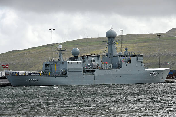 Thorshavn, Faroe Islands, Denmark - August 15, 2024: HDMS Vadderen (F359) is a Thetis-class ocean patrol vessel of the Royal Danish Navy in Thorshavn port, Faroe Islands, Denmark