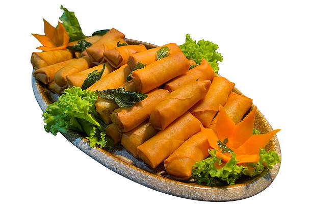 Crispy fried spring rolls neatly arranged on a plate, isolated on white background with clipping path, suitable for background editing, Asian food design, restaurant menu, catering, advertising, and commercial use.