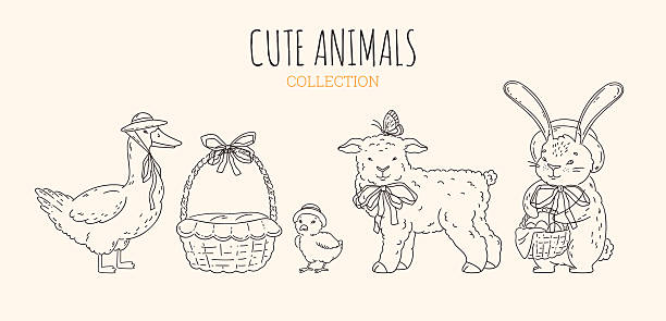 Farm animals with cute hats and bows. Cottage core. Picnic. Doodle collection. Hand-drawn elements. Spring holiday. Farm bunny, lamb, goose, chick. Vector illustration for greeting cards, prints, coloring books