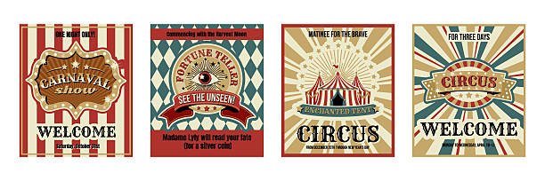 Retro circus carnival cards set, poster design with classic striped tent. Vintage vector illustration, fair striped background, ornamental borders for festive flyer layouts and event promotions