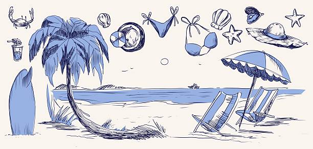 Vintage sketch beach illustration with palm trees, striped chairs and umbrella. Vector illustration of Italian Amalfi coast summer paradise with retro hand drawn bikini, hat and surfboard, seashells