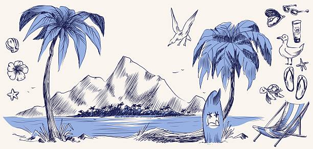 Vintage sketch beach illustration with palm trees, striped chairs and mountain. Vector illustration of Italian Amalfi coast summer paradise with retro hand drawn beach icons, surfboard and seashells