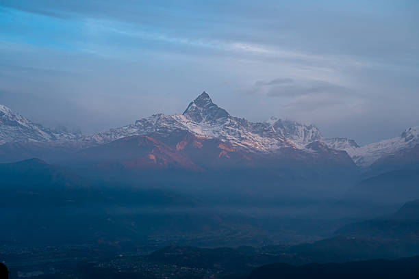 Morning view of Mount Machhapuchhre range from Sarangkot hill in Pokhara Nepal.