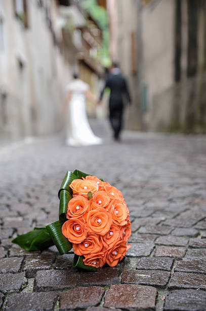 wedding bouquet with rose on a street