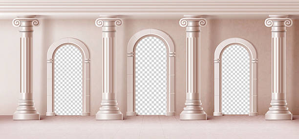 Ancient greek or roman arch with marble columns, classical pillar design background. Realistic vector illustration of greece temple architecture with stone colonnade and ornate entrance portal.