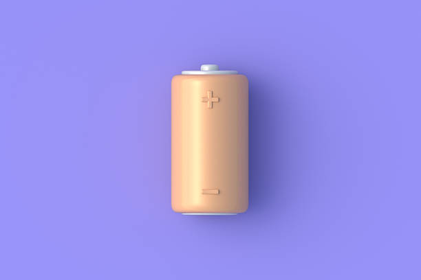 Battery on violet background. Energy accumulator. Top view. 3d render