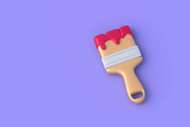 One paint brush on violet background. Redecorate equipment. Reconstruction tool. Housework accessories. Copy space. 3d render