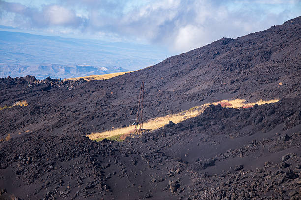 View from the Mount Etna funicular in Sicily, showing rugged volcanic rock and lava formations interspersed with green grass fields. The image captures the unique volcanic landscape and contrasts of greenery against the iconic lava terrain of Europe’s most famous active volcano.