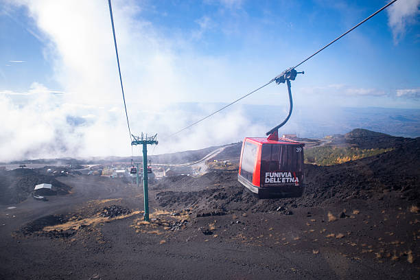 Mount Etna, Italy on November 10, 2025: View of the Funivia dell'Etna funicular on Mount Etna in Sicily during a sunny day. The funicular transports visitors up the iconic active volcano, offering scenic views of volcanic terrain, lava formations, and the surrounding landscape under clear skies.