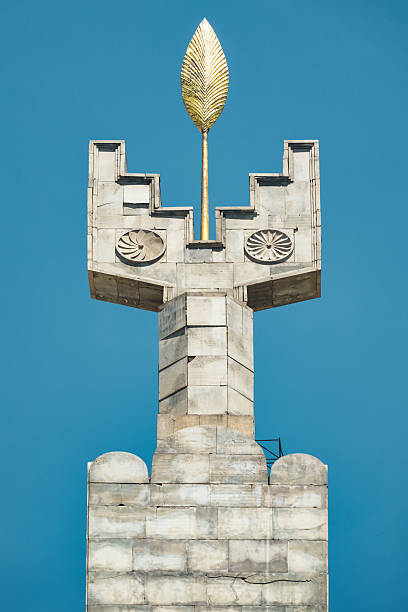 The obelisk (Jim Torosyan and Sargis Gurzadyan, 1967) on the top of the Cascade complex in downtown Yerevan, Armenia, on a sunny day.