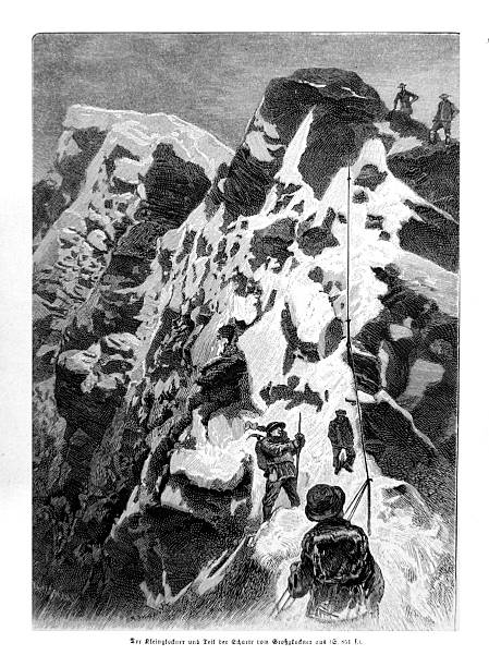 A dramatic wood engraving showing early alpinists with climbing gear navigating a snowy mountain ridge and steep rock faces.
