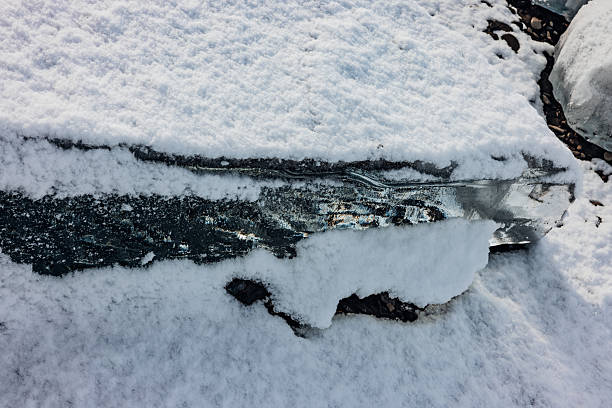 Clear glacier ice with vivid blue tones and textured detail breaking through white snow and dark volcanic rock in a stark, wintry Icelandic landscape, close-up study of melting fragility