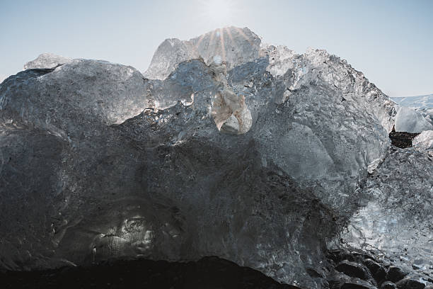Translucent ice formations from a glacier sparkle on a black sand beach, showcasing the natural beauty and cold environment of Iceland's unique landscape
