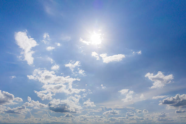 blue sky background with the sun and beautiful white cloud nature background, idea for website or wallpaper background.