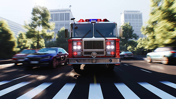 An fire engine, fire rescue driving fast on a city street.3d rendering