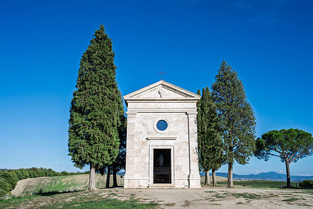 Small chapel on hillside, Cappella della Madonna di Vitaleta, Pienza, Tuscany