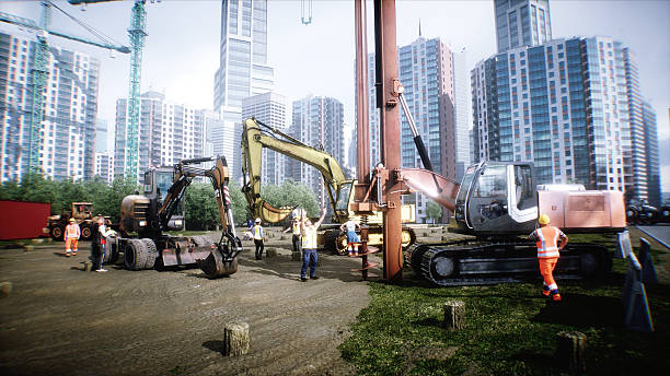 Workers are actively involved in the construction of a multi-story building during summer. Cranes are lifting materials. 3d rendering