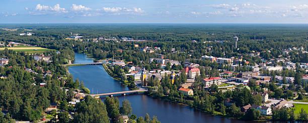 Aerial view of the town Uusikaarlepyy by the Lapuanjoki river in Ostrobothnia, Finland, on a summer day.