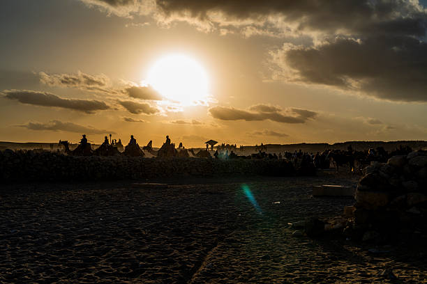 Silhouettes of camel riders and visitors at sunset on the desert outskirts of Cairo, Egypt, creating a dramatic scene of travel, tradition, tourism, and vast open landscape.