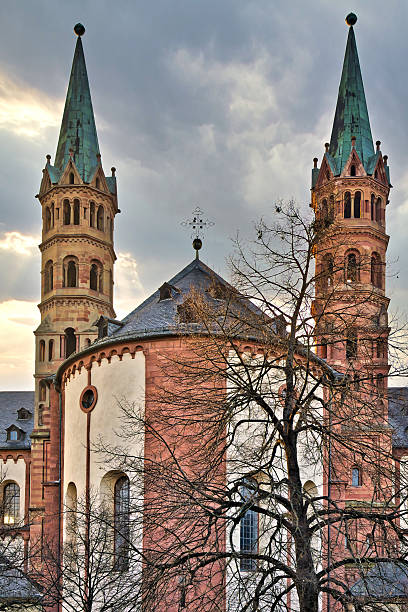 Towers of St. Kilian's Cathedral in Würzburg in winter.