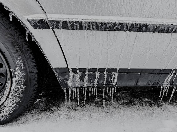 A long line of ice crystals, which are frozen water droplets. The crystals are arranged in a way that they appear to be hanging from a surface, such as a tree or a building