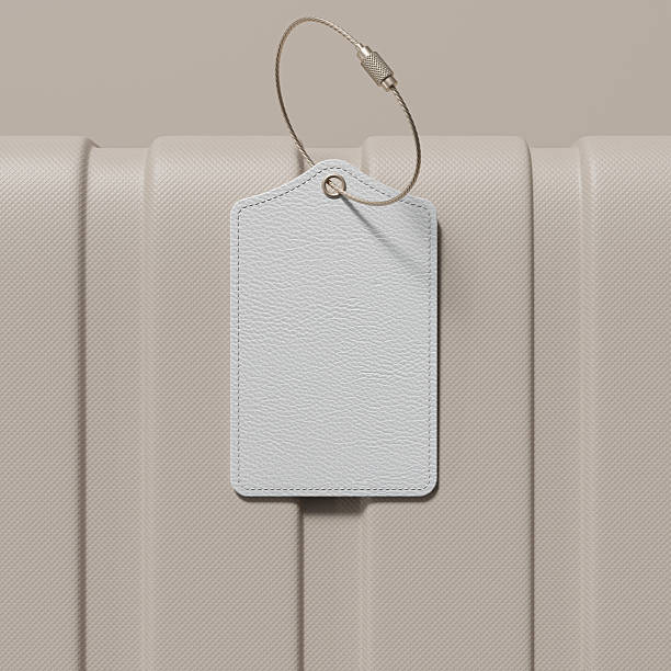Blank leather luggage tag with metal cable loop mockup. 3D rendering