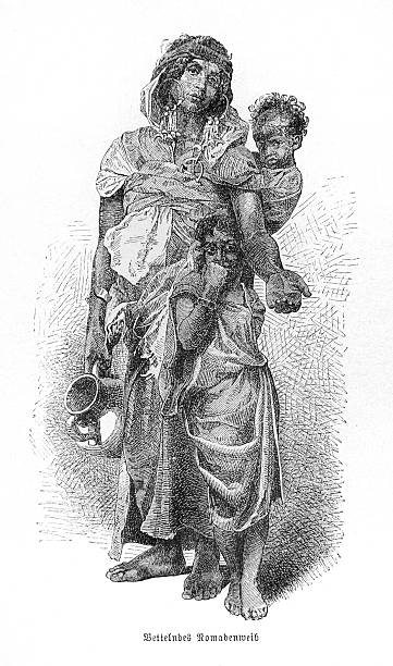 Portrait of a beautiful woman with ornate jewelry holding an urn, carrying an infant, with a timid young girl, isolated on white background.