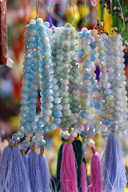 Close-up of beautiful handmade crystaging on display at a traditional Indonesian souvenir market.