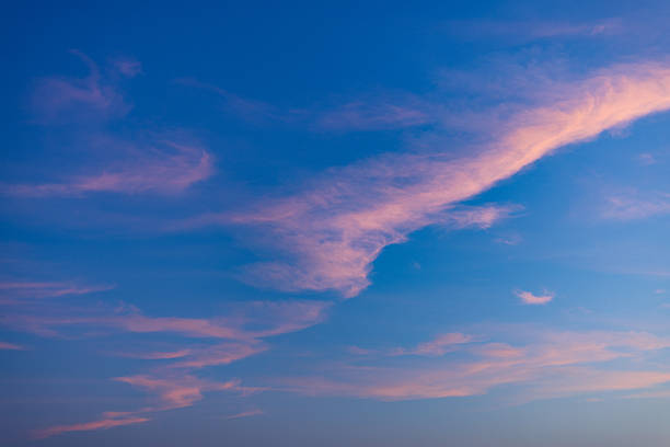 A breathtaking view of a twilight sky filled with delicate, wispy cirrus clouds painted in shades of soft pink, orange, and deep purple. This serene evening atmosphere captures the natural beauty of the golden hour, perfect for use as a peaceful background or inspirational design element.