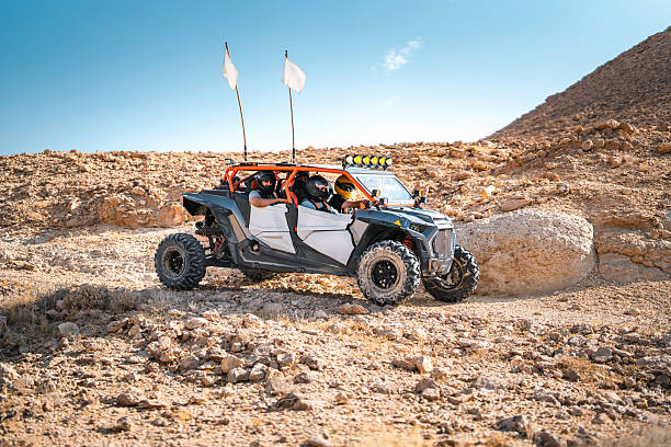 Group enjoying a thrilling buggy ride across the wide desert plain in Saudi Arabia. Bright sunlight highlights the rocky terrain, creating a sense of adventure and exploration.