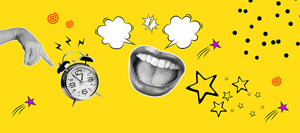 Collage of an open mouth with two blank speech bubbles and a hand pointing an alarm clock on a yellow background with dots, rays and stars