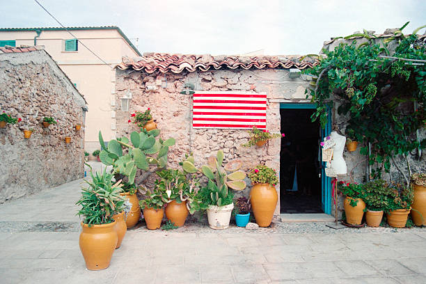 Marzamemi, Sicily, August 29th, 2021: Charming building in Marzamemi, Sicily, showing stone walls, terracotta pots, prickly pear cacti, and a red and white striped sign. Scanned from analog film