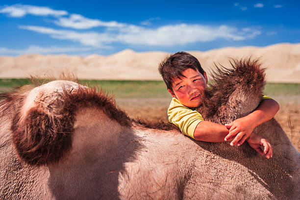 A young child wearing a yellow shirt leans over and hugs the thick, furry hump of a two-humped camel. Sun-warmed skin and wind-tousled hair catch the light as the animal stands calmly in an open landscape of sand, sparse grass and distant dunes beneath a bright blue sky with wispy clouds. The image conveys a sense of warmth, closeness between human and animal, and wide, arid surroundings.